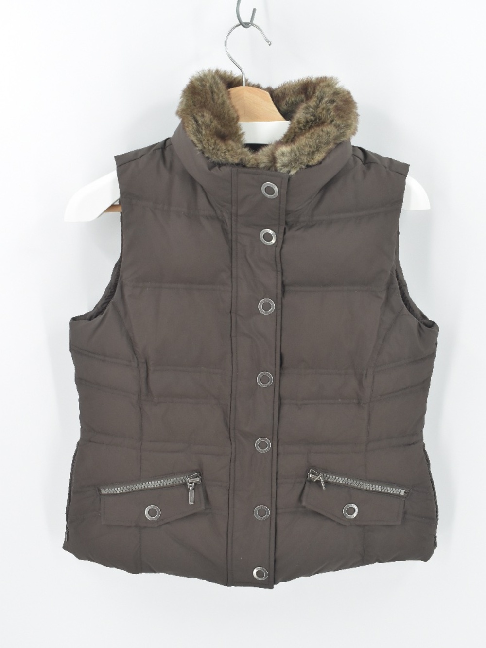 Eddie Bauer 700 Down Puffer Vest Brown Faux Fur Collar Women's Petite S Small